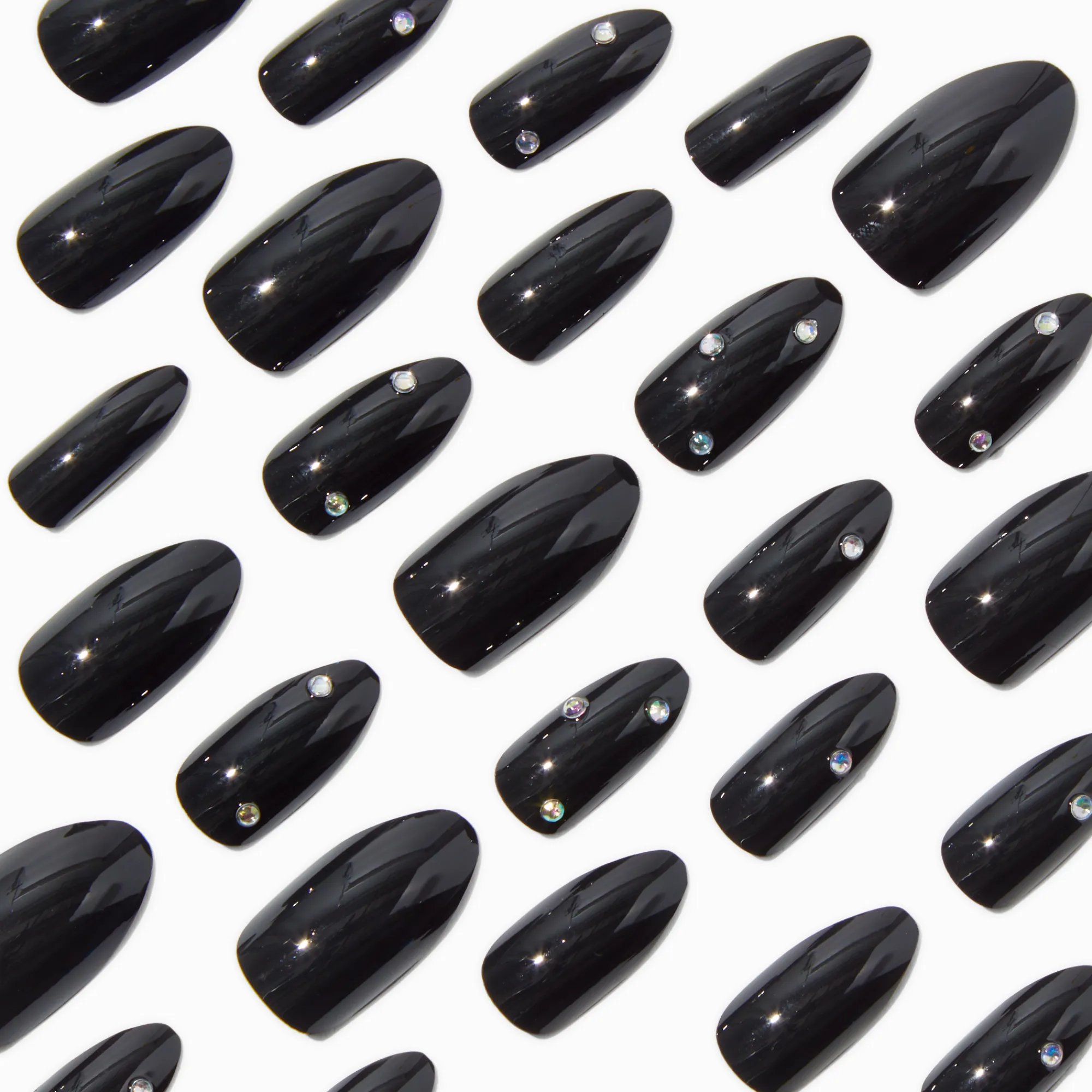 Claire's Ongles-Glossy Black Bling Stiletto Vegan Faux Nail Set - 24 Pack
