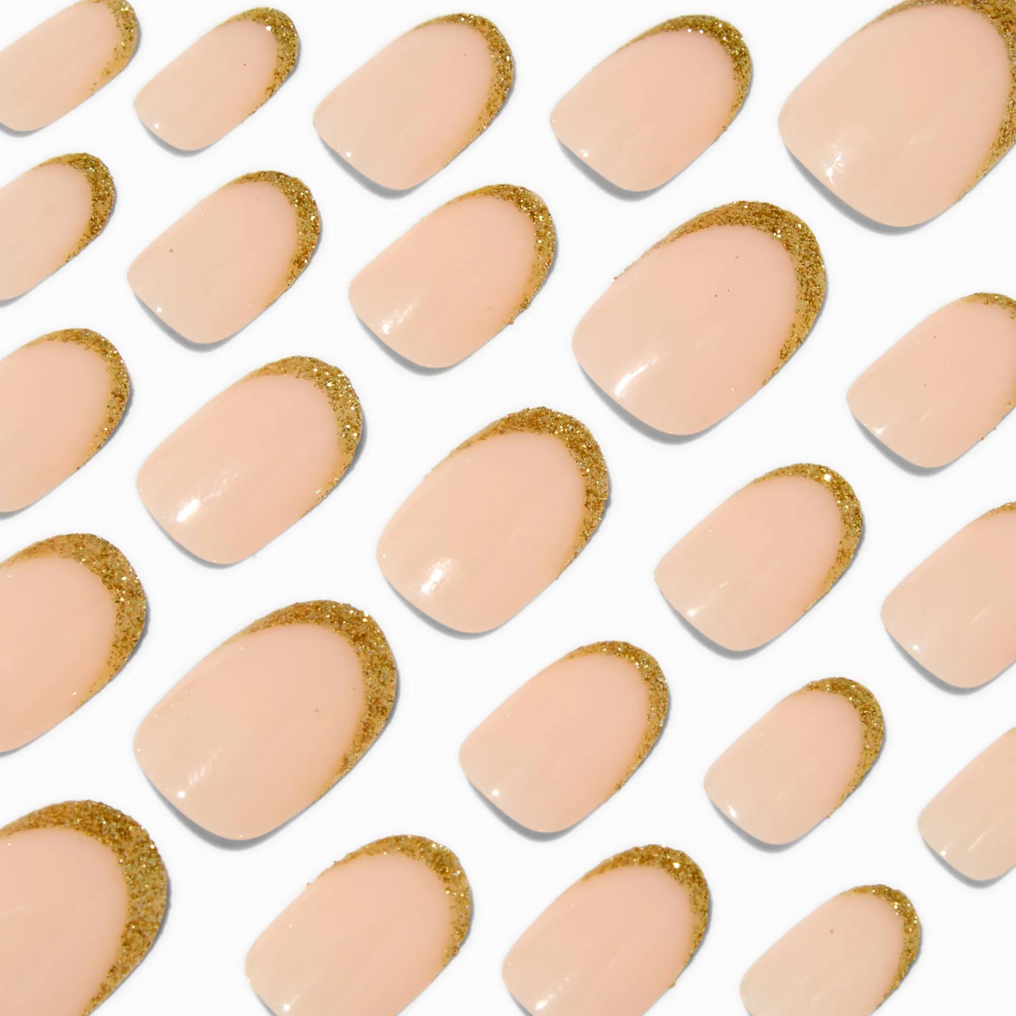 Claire's Ongles-Gold Glitter French Tip Medium Oval Vegan Faux Nail Set - 24 Pack