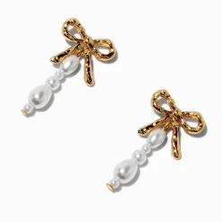 Claire's Pendantes-Gold-tone Bow Pearl Drop Earrings