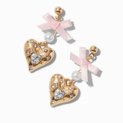 Claire's Pendantes-Gold-tone Crystal Heart Pink Bow Drop Earrings