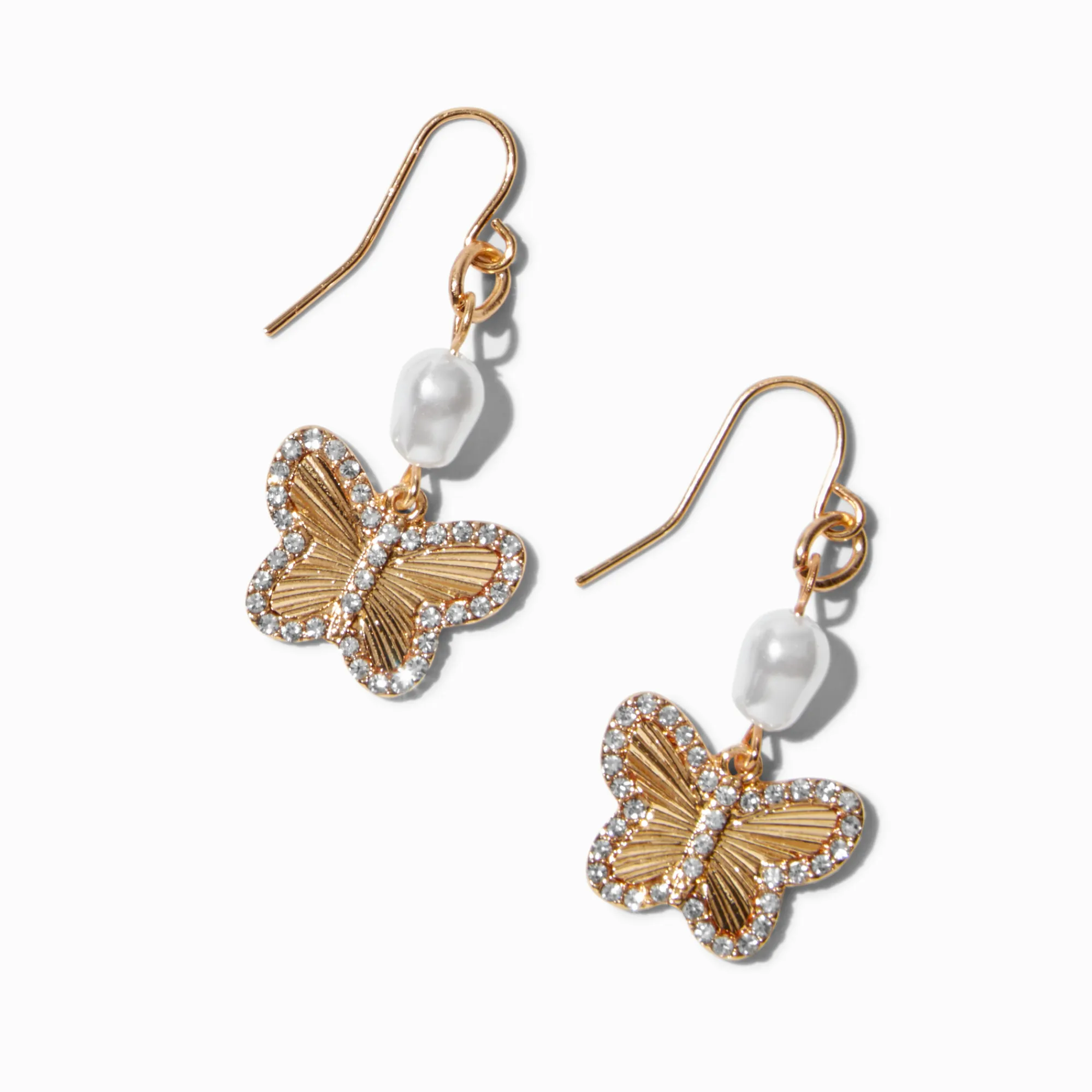 Claire's Pendantes-Gold-tone Pavé Butterfly Pearl Drop Earrings