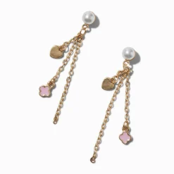 Claire's Pendantes-Gold-tone Pink Clover Pearl Chain Drop Earrings