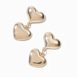 Claire's Pendantes-Gold-tone Puffy Double Heart Drop Earrings