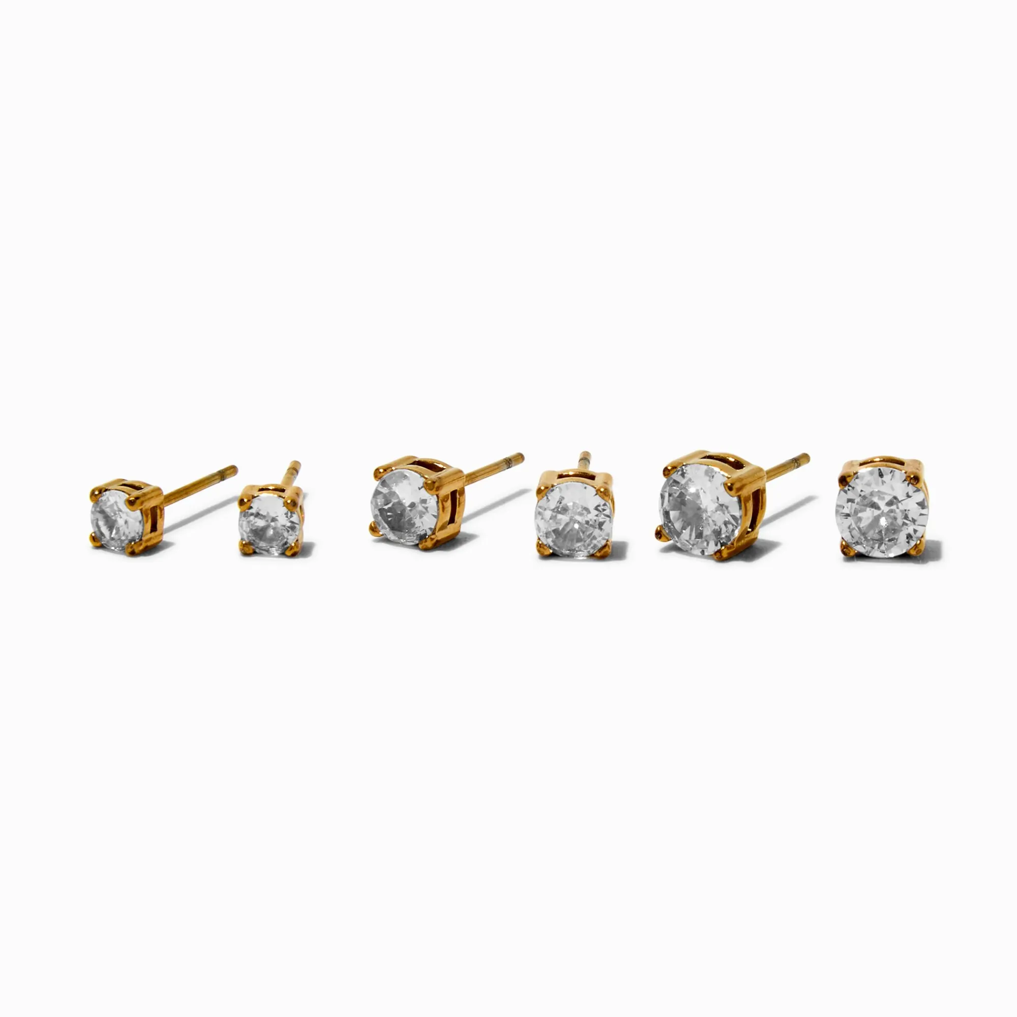 Claire's Clous D'oreilles|Bijoux Premium-Gold-tone Stainless Steel Cubic Zirconia Round Stud Earrings - 3 Pack