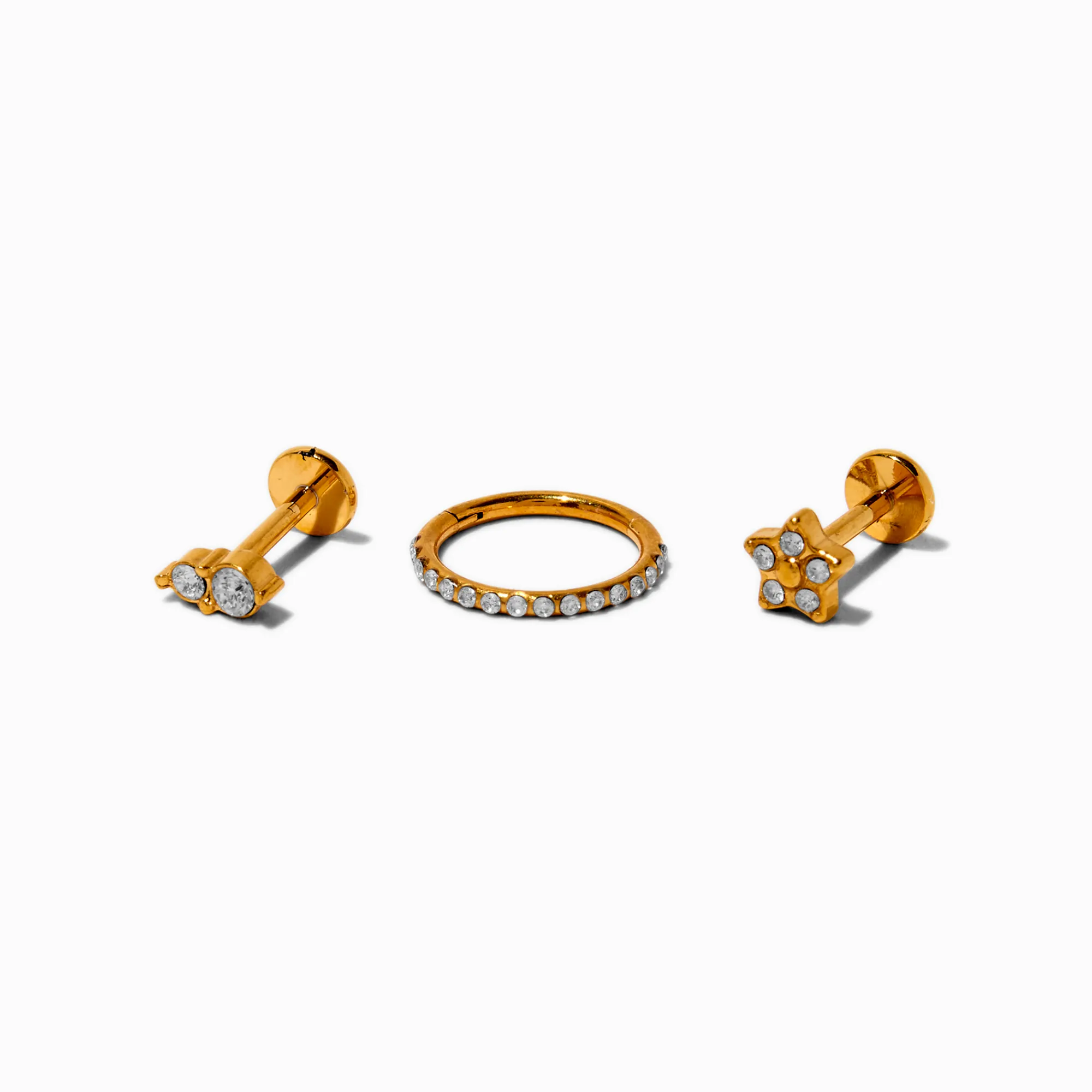 Claire's Bijoux De Piercing-Gold-tone Titanium Cubic Zirconia Flower 18G Flat Back & Clicker Helix Earrings - 3 Pack