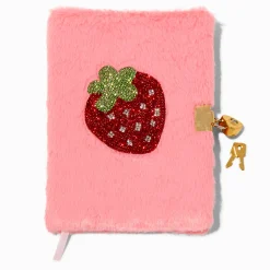 Claire's Cahiers Et Journaux Intimes-Journal à cadenas en fausse fourrure rose fraise en strass