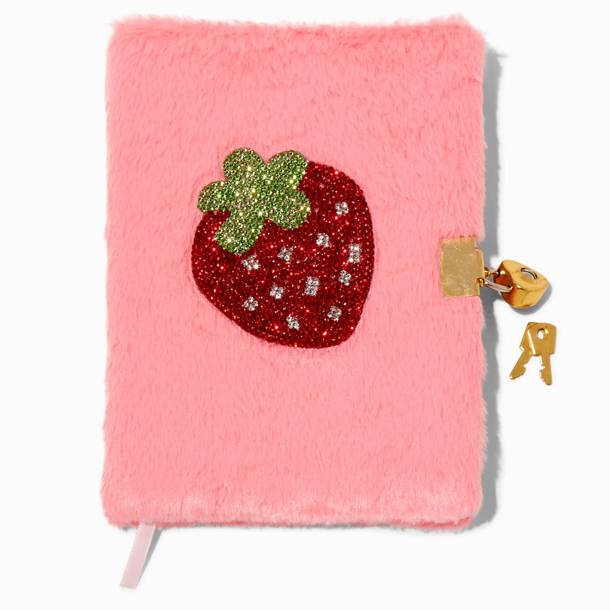 Claire's Cahiers Et Journaux Intimes-Journal à cadenas en fausse fourrure rose fraise en strass