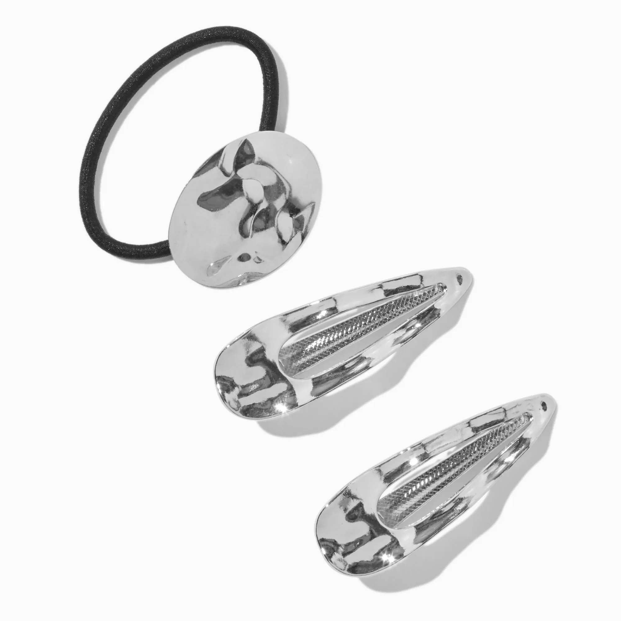 Claire's Élastiques|Barrettes Et Pinces-Élastique et barrettes clic-clac style martelé couleur argentée - Lot de 3
