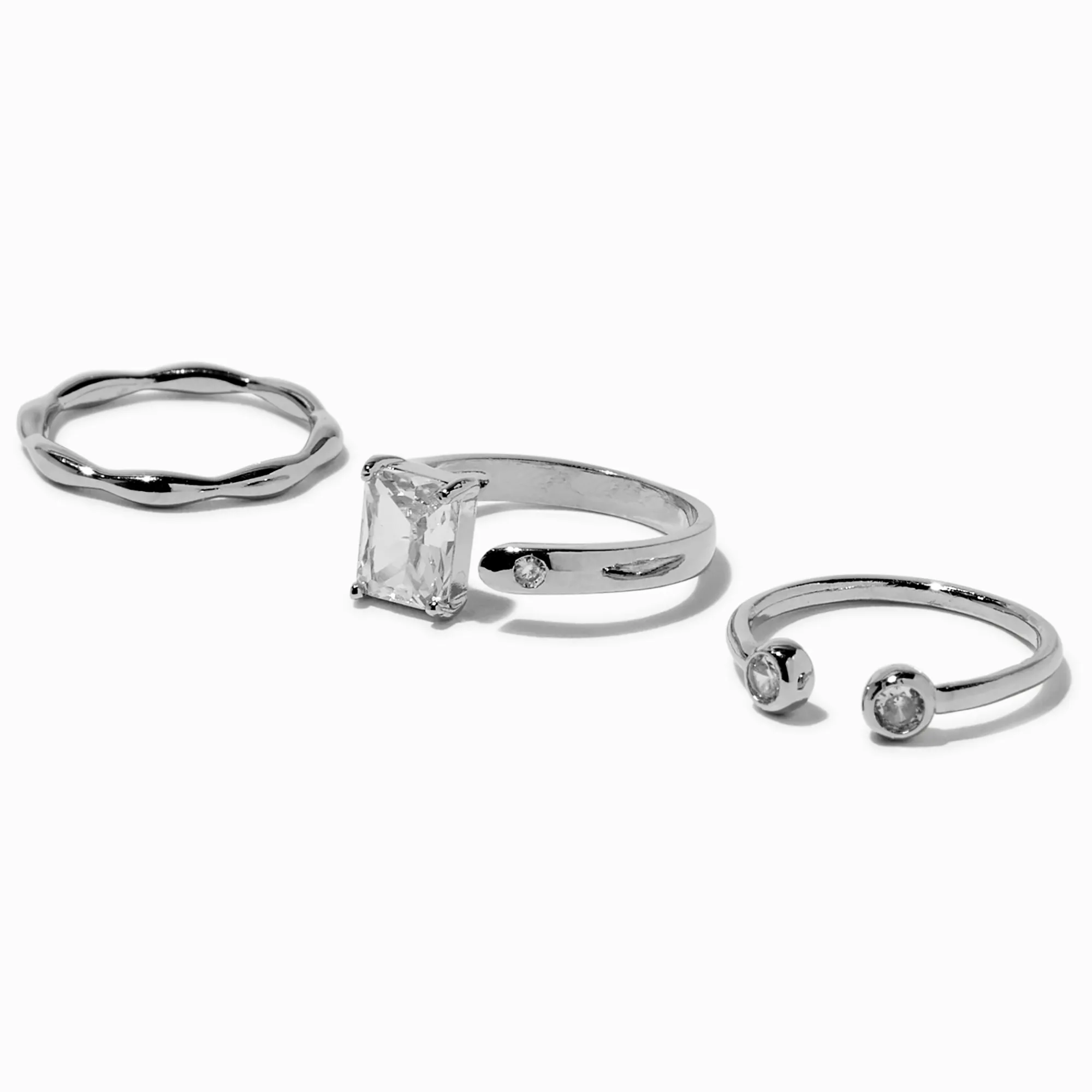 Claire's Bagues-Lot de bagues ajourées sur le devant en zircon cubique couleur argentée - Lot de 3