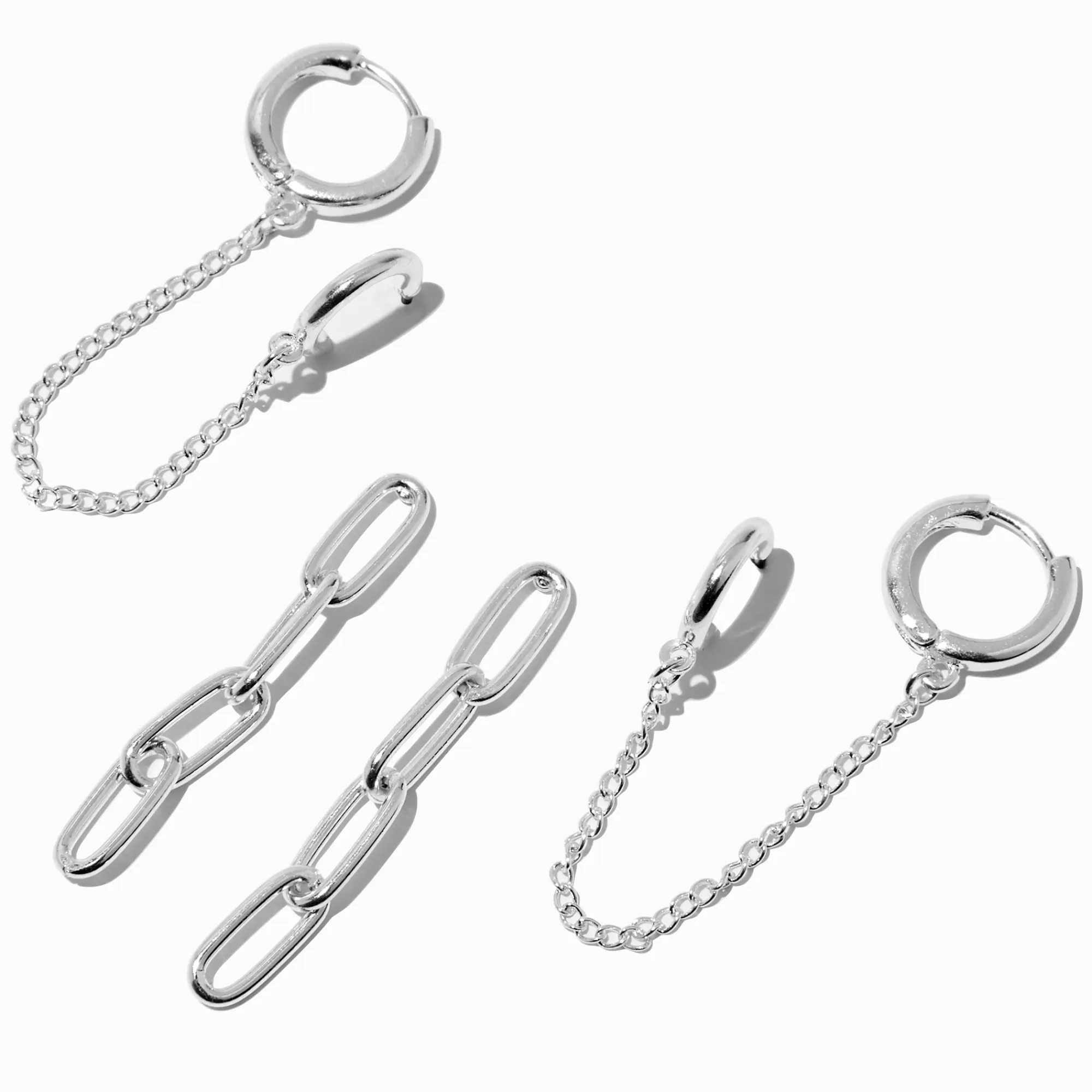 Claire's Pendantes-Lot de boucles d'oreilles reliées par une chaîne avec clip trombone couleur argentée - Lot de 3