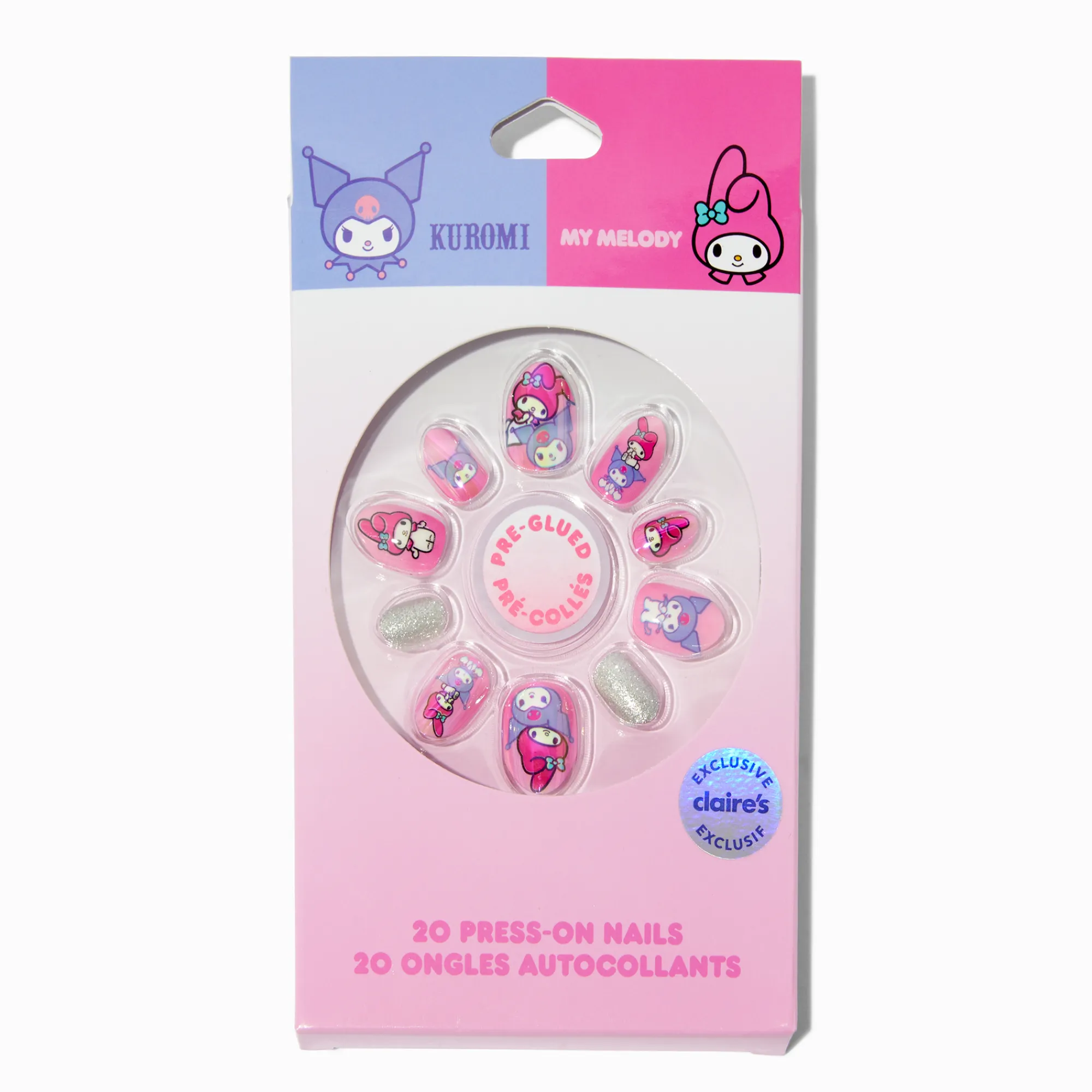 Claire's Ongles-Lot de faux ongles autocollants stiletto My Melody™ & Kuromi™ Sanrio® en exclusivité chez Claire's - Lot de 20