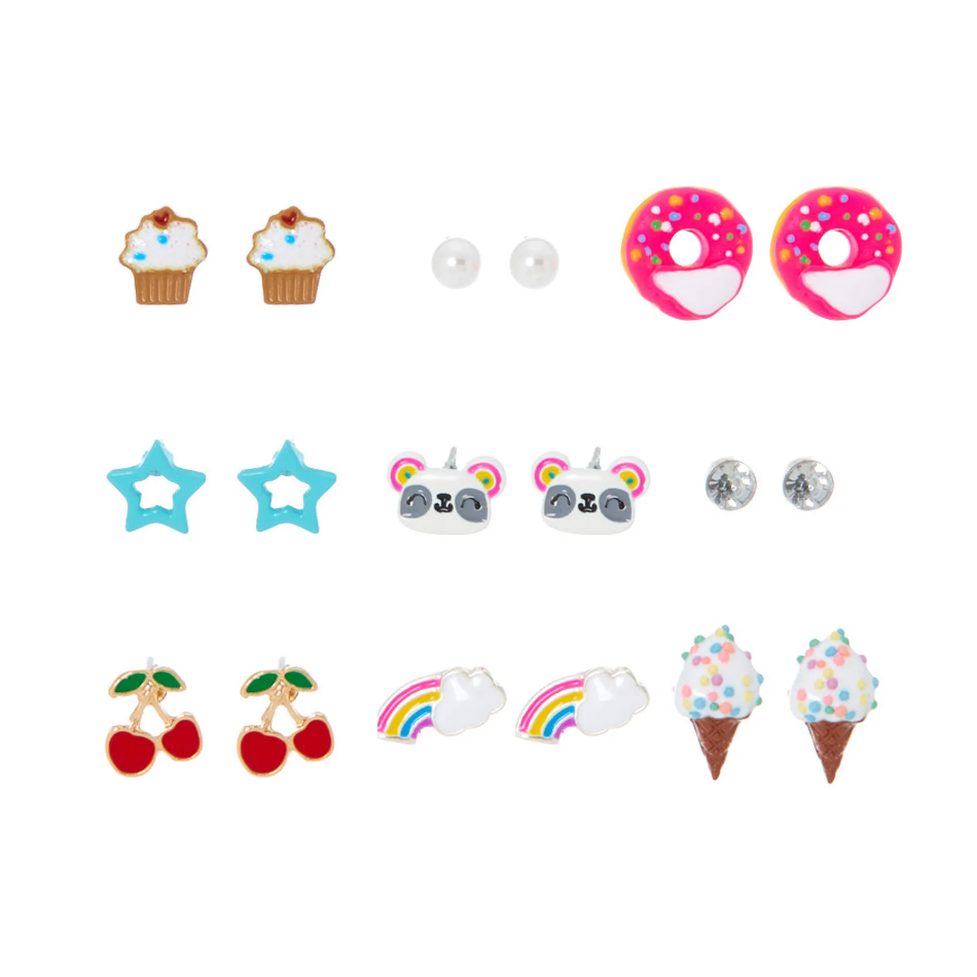 Claire's Clous D'oreilles-Lot de 9 paires de clous d’oreille bonbons et panda arc-en-ciel