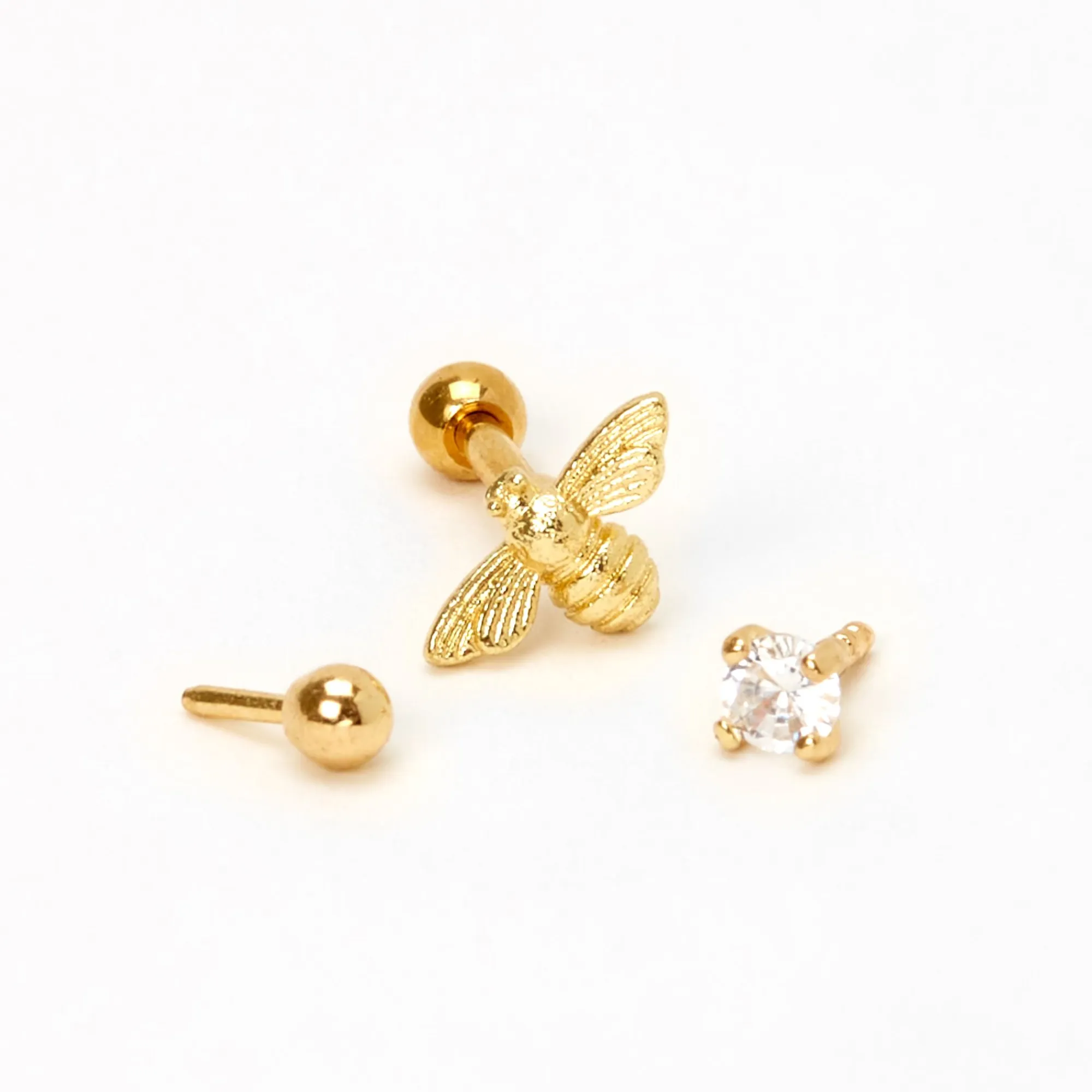 Claire's Clous D'oreilles|Bijoux Premium-Lot de piercings d'oreilles pour cartilage boule et zircon cubique, abeille 1,2 mm en acier inoxydable couleur dorée - Lot de 3