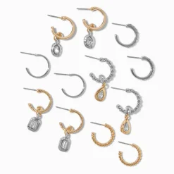 Claire's Anneaux-Mixed Metal Crystal Drop Textured Hoop Earrings - 6 Pack