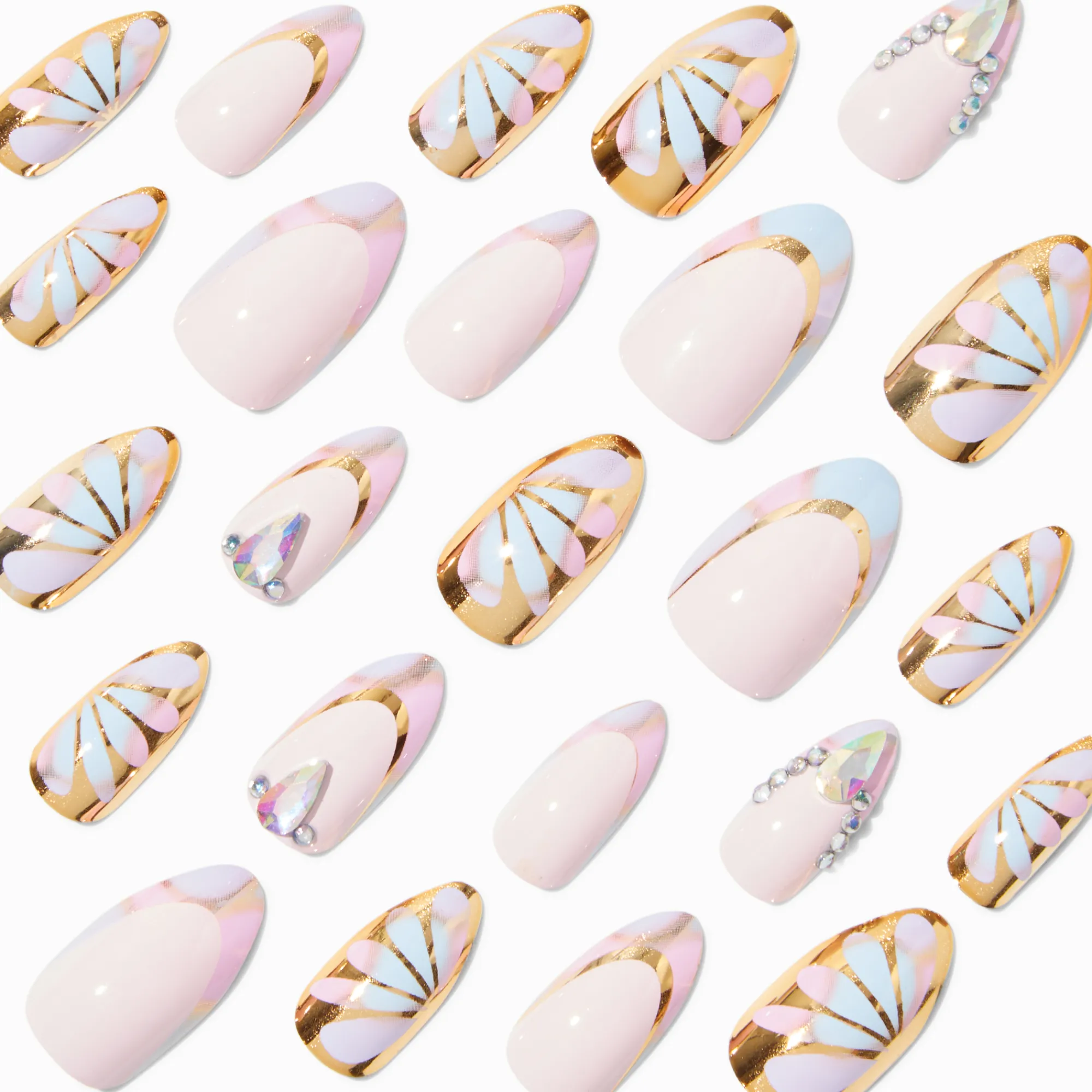 Claire's Ongles-Multi Daisy Gold Chrome Bling Stiletto French Tip Vegan Faux Nail Set - 24 Pack