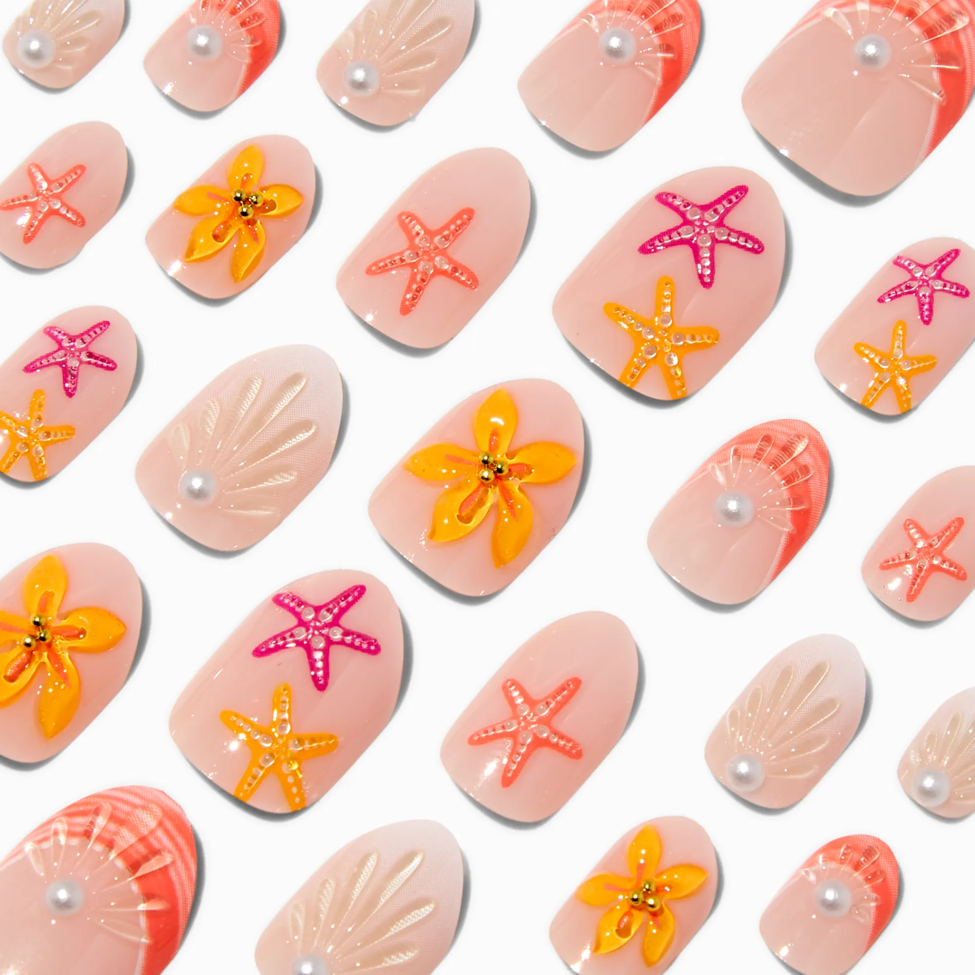 Claire's Ongles-Orange Seashell & Starfish Stiletto Press On Vegan Faux Nail Set - 24 Pack