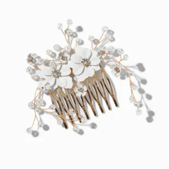 Claire's Fleurs Pour Cheveux-Peigne à cheveux couleur dorée perles d'imitation et fleurs blanches