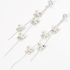 Claire's Pendantes|Clous D'oreilles-Pendantes linéaires couleur argentée 8 cm papillons en zircon cubique d'imitation