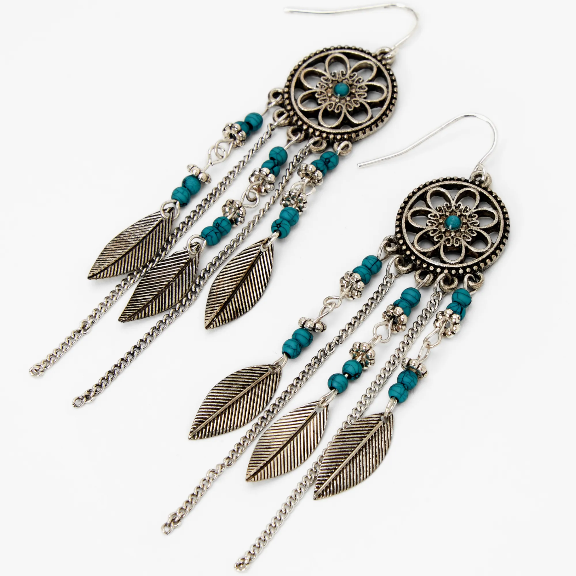 Claire's Pendantes-Pendantes perlées 5 cm avec des turquoises d'imitation attrape-rêve couleur argentée