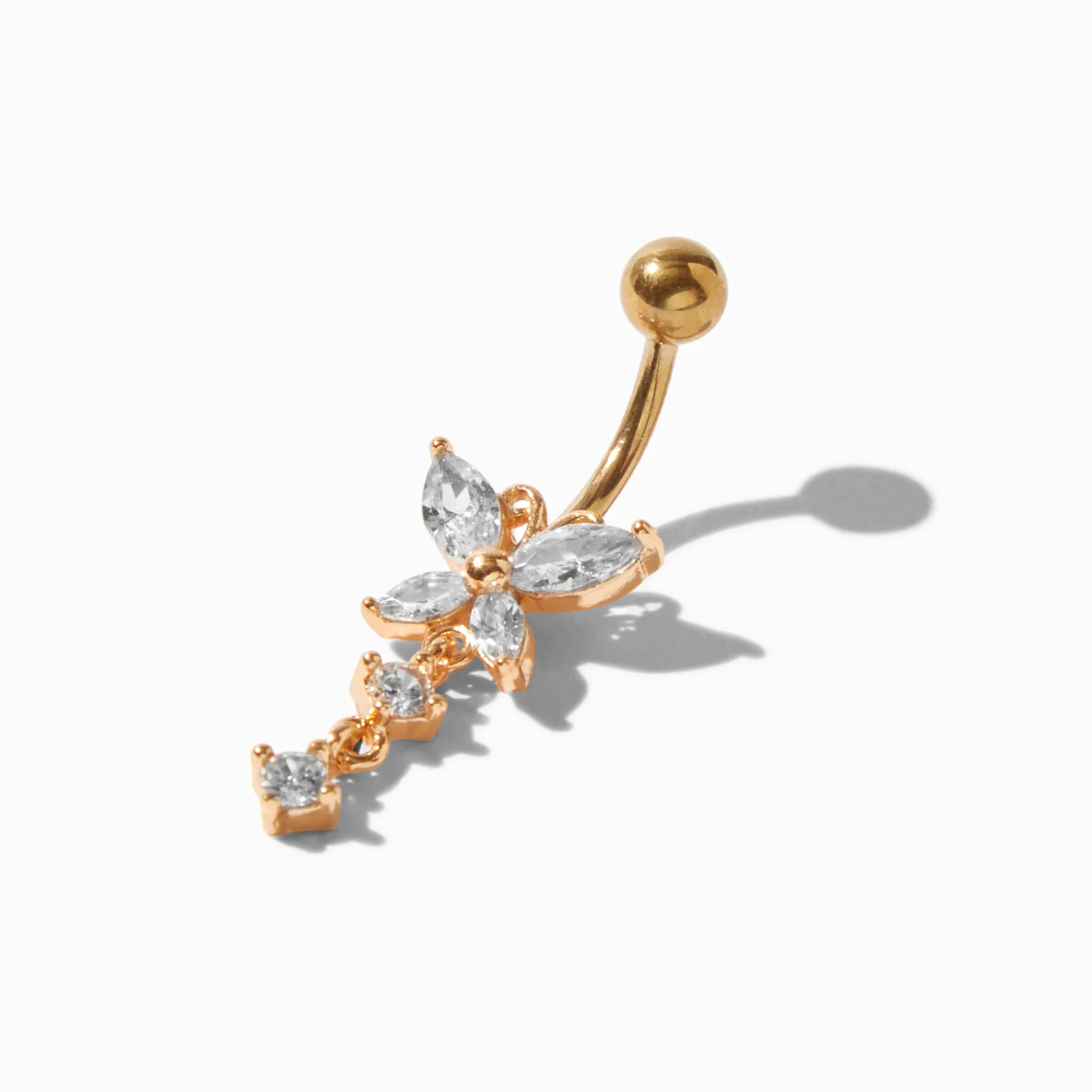 Claire's Bijoux De Piercing-Piercing barre de nombril 1,6 mm avec breloque papillon en zircon cubique et acier inoxydable couleur dorée
