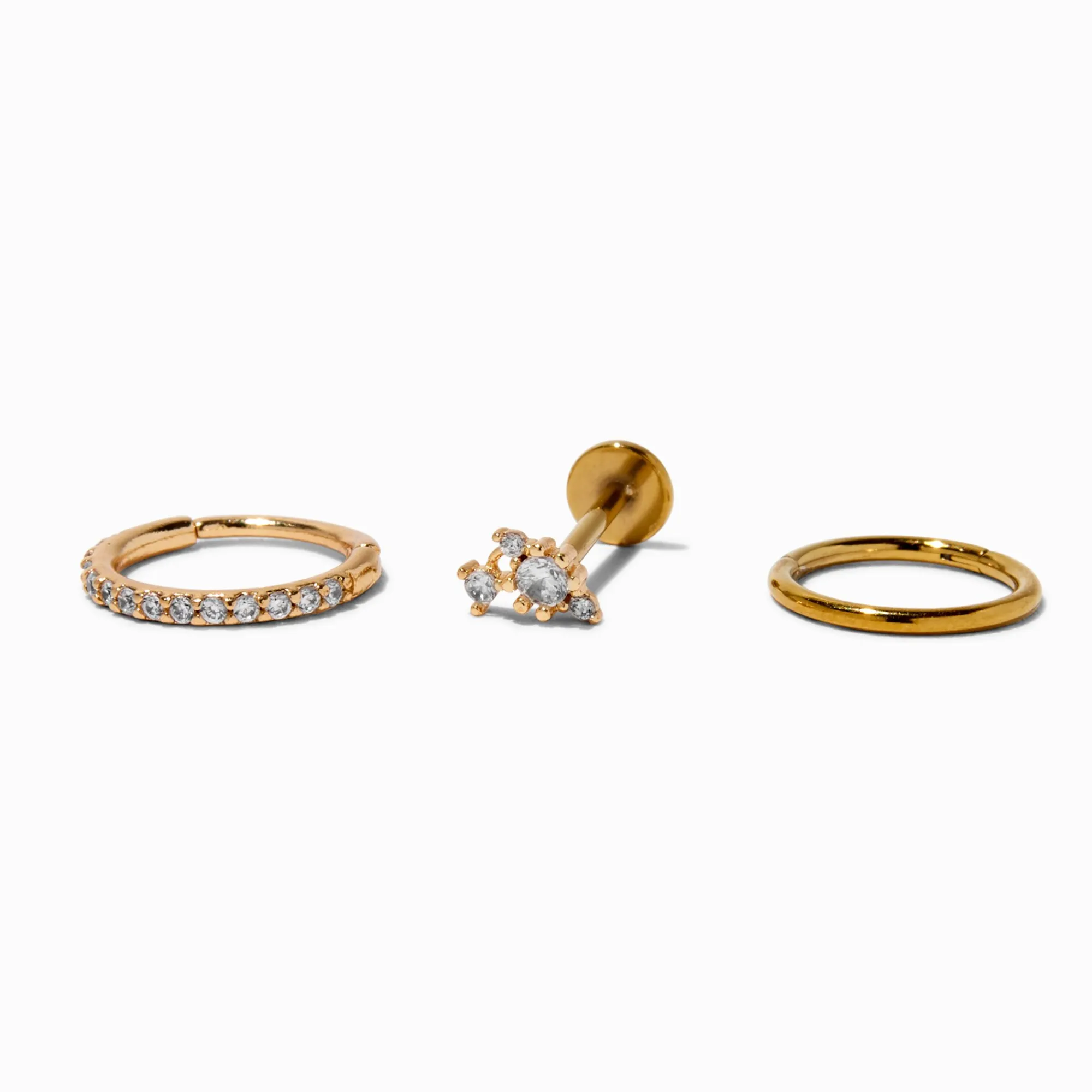 Claire's Clous D'oreilles|Bijoux Premium-Piercings de cartilage sans filetage anneaux et clou 1,0 mm en zircon cubique et acier inoxydable couleur dorée - Lot de 3