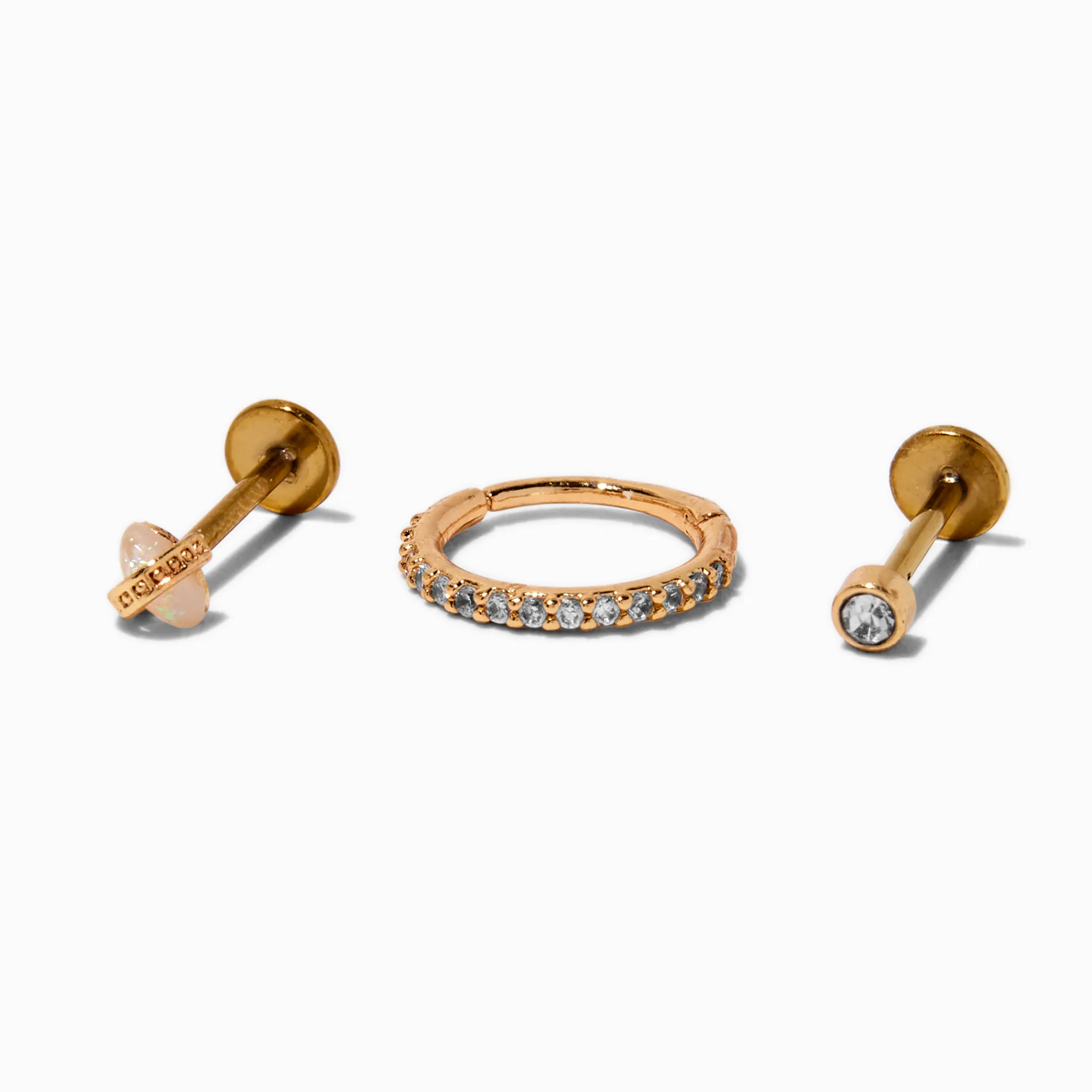 Claire's Bijoux De Piercing-Piercings de cartilage sans filetage anneau et clous 1,0 mm en zircon cubique et acier inoxydable couleur dorée - Lot de 3