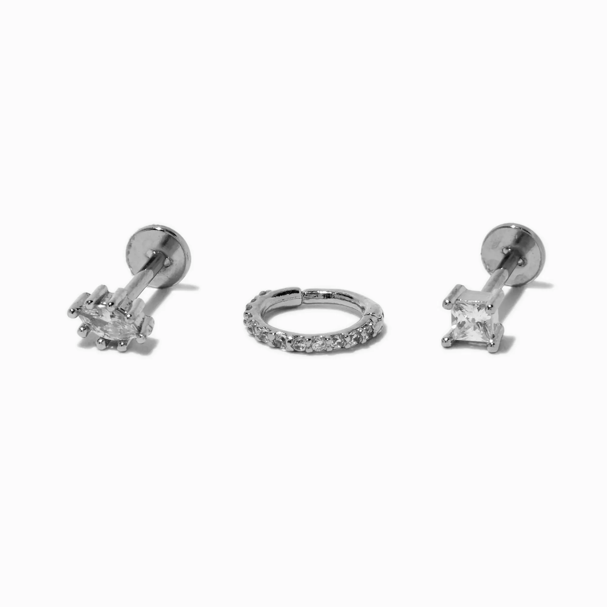 Claire's Bijoux De Piercing-Piercings de cartilage sans filetage anneaux et clou 0,8 mm en zircon cubique et acier inoxydable couleur argentée - Lot de 3