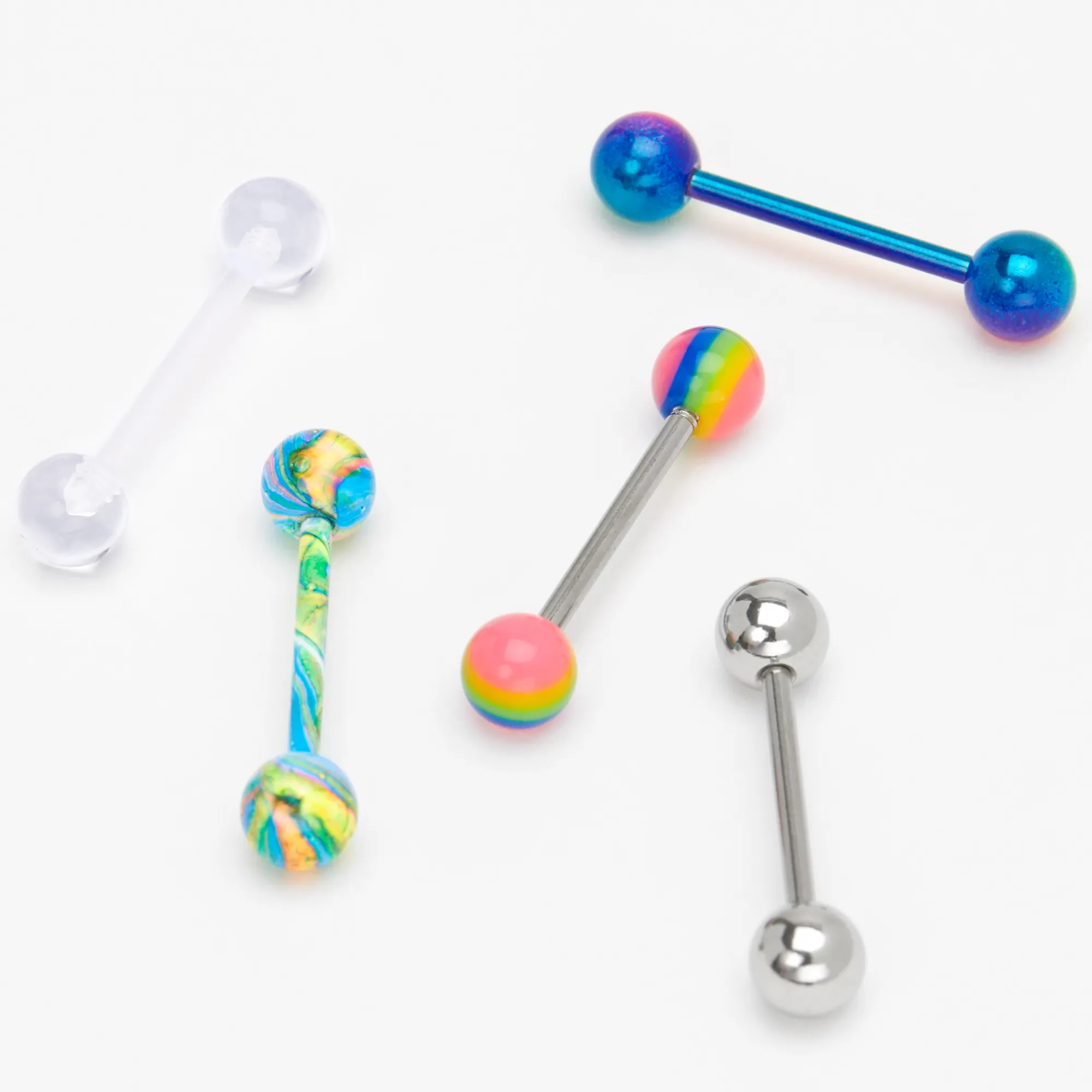 Claire's Bijoux De Piercing-Piercings de langue arc-en-ciel aux designs variés 1,6 mm couleur argentée - Lot de 5