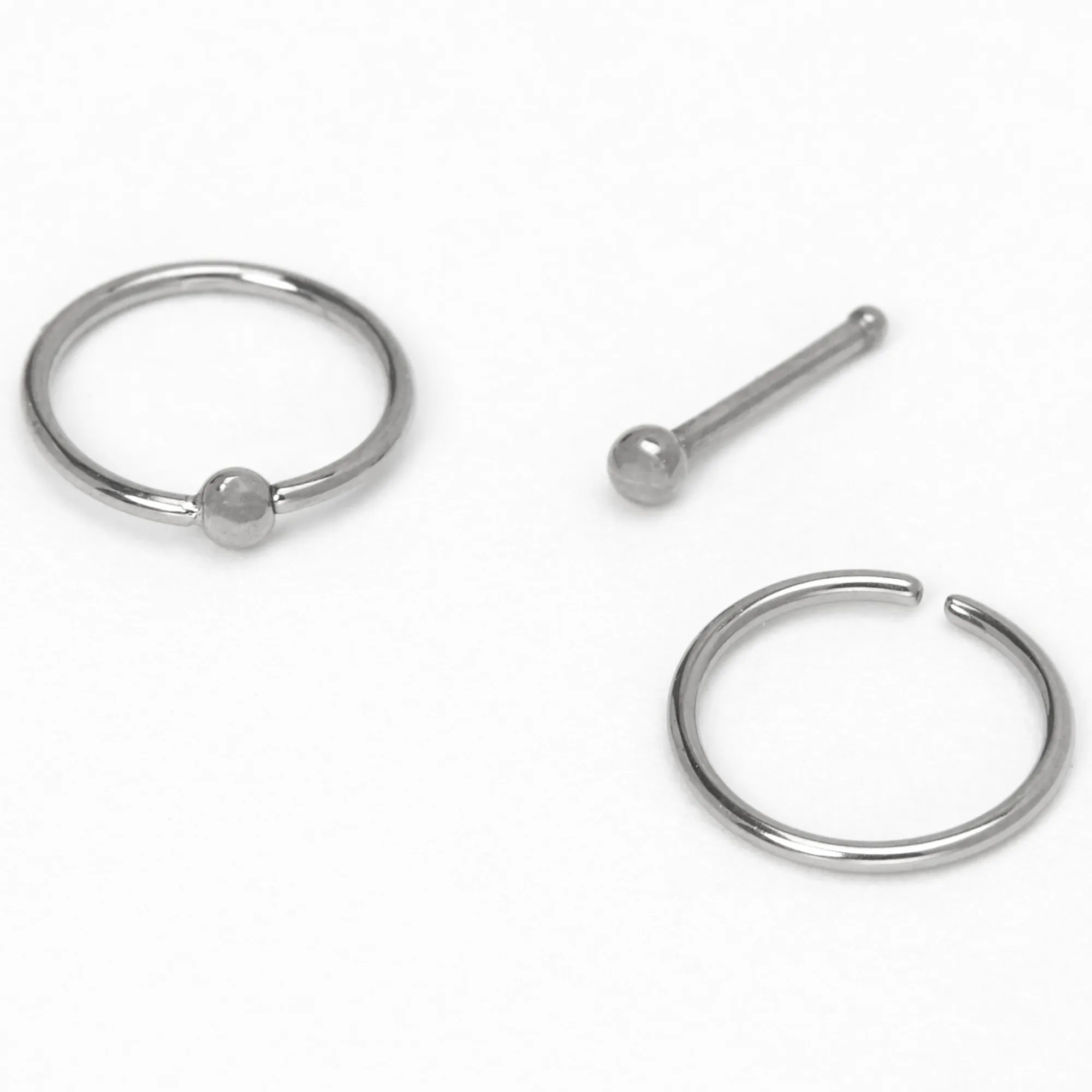 Claire's Bijoux Premium|Bijoux De Piercing-Piercings de nez anneaux et clou classiques 0,8 mm couleur argentée et couleur titanée - Lot de 3