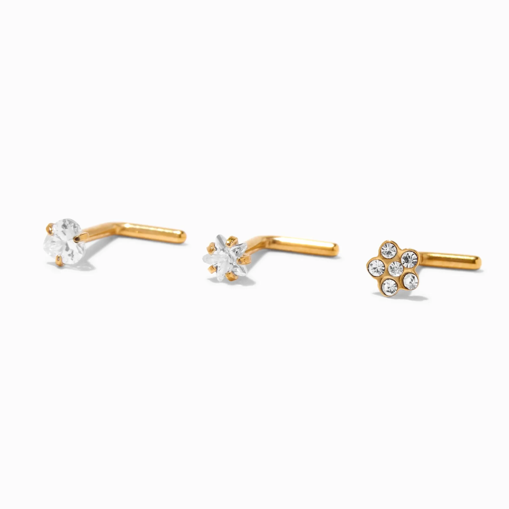 Claire's Bijoux Premium|Bijoux De Piercing-Piercings de nez étoile, cœur et fleur 1,0 mm en titane couleur dorée - Lot de 3