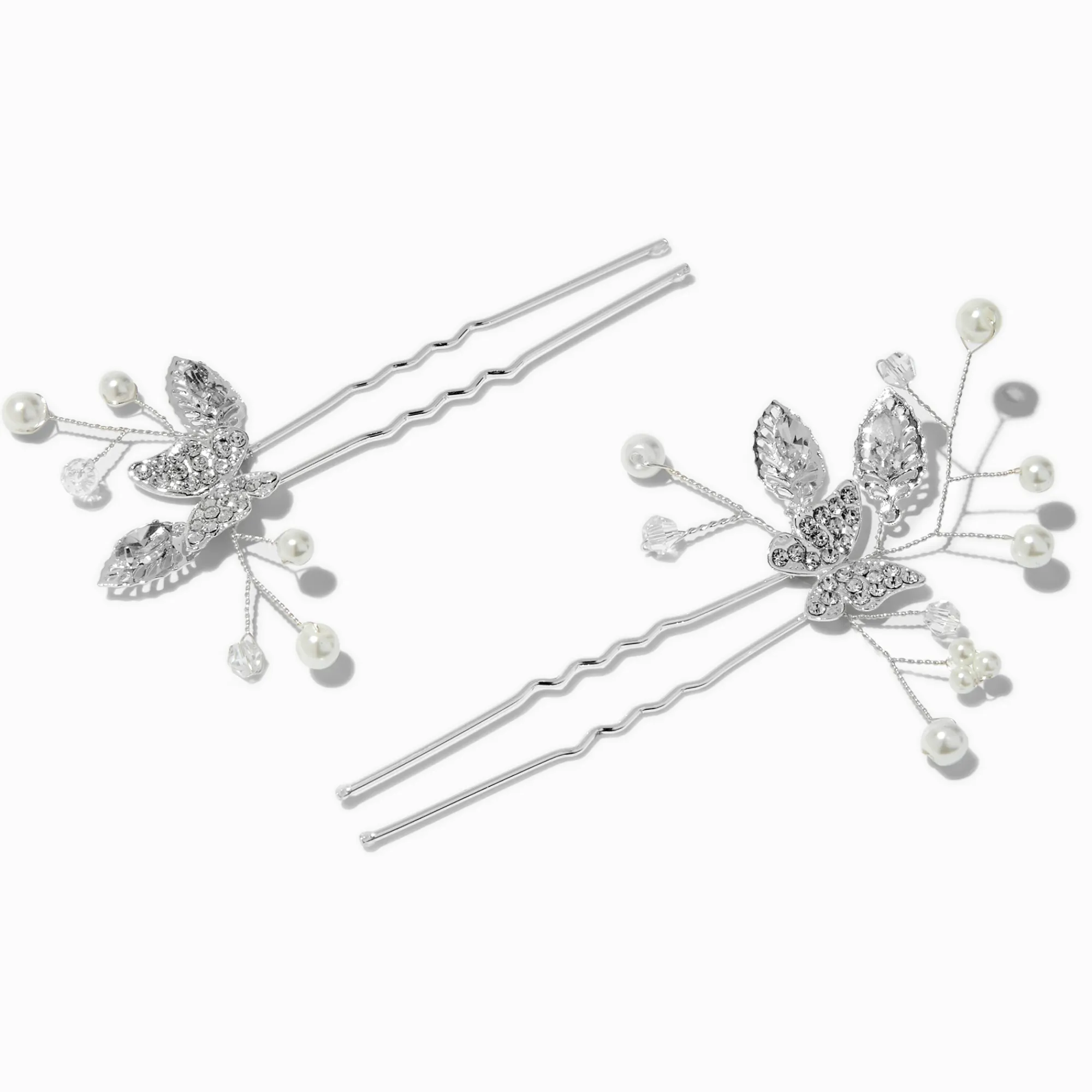 Claire's Barrettes Et Pinces-Épingles à cheveux bouquet de fleurs plat perles d'imitation et papillon en strass couleur argentée - Lot de 2
