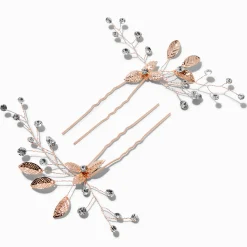 Claire's Barrettes Et Pinces-Épingles à cheveux feuilles couleur doré rose et strass - Lot de 2