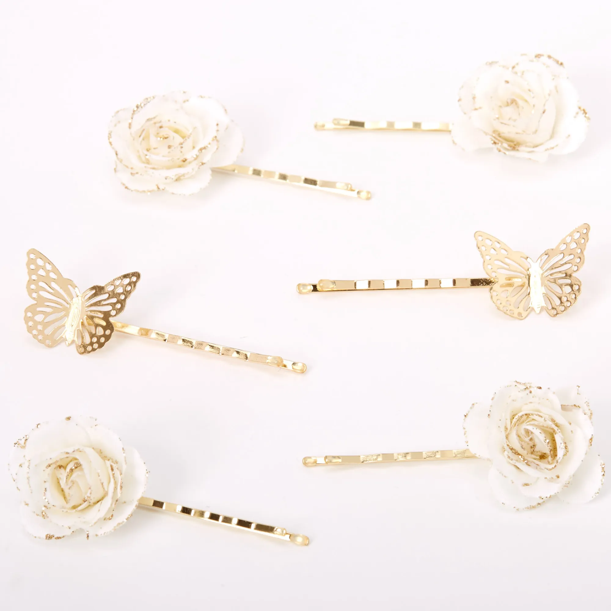 Claire's Barrettes Et Pinces-Épingles plates à fleurs et papillons couleur dorée - Blanc, lot de 6