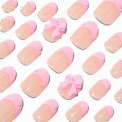 Claire's Ongles-Pink 3D Bow Stiletto Press On Vegan Faux Nail Set - 24 Pack