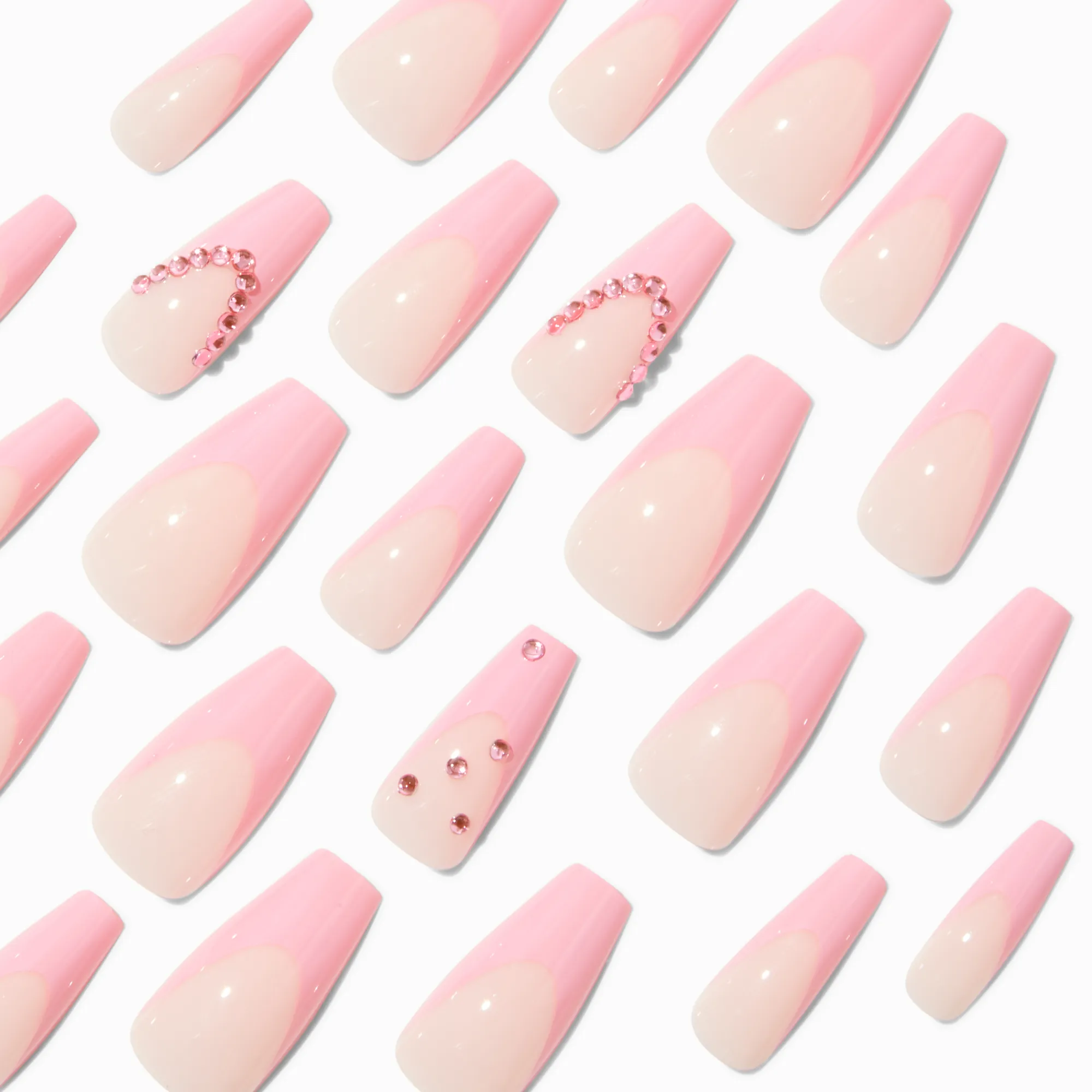 Claire's Ongles-Pink French Tip Bling Squareletto Vegan Faux Nail Set - 24 Pack