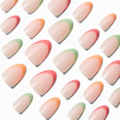 Claire's Ongles-Pink, Orange & Green French Tip Short Almond Vegan Faux Nails - 24 Pack