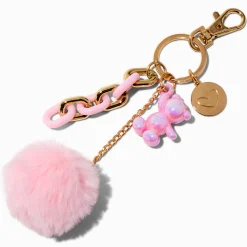 Claire's Porte-clés-Porte-clés à breloque nounours couleur chromée pompon rose