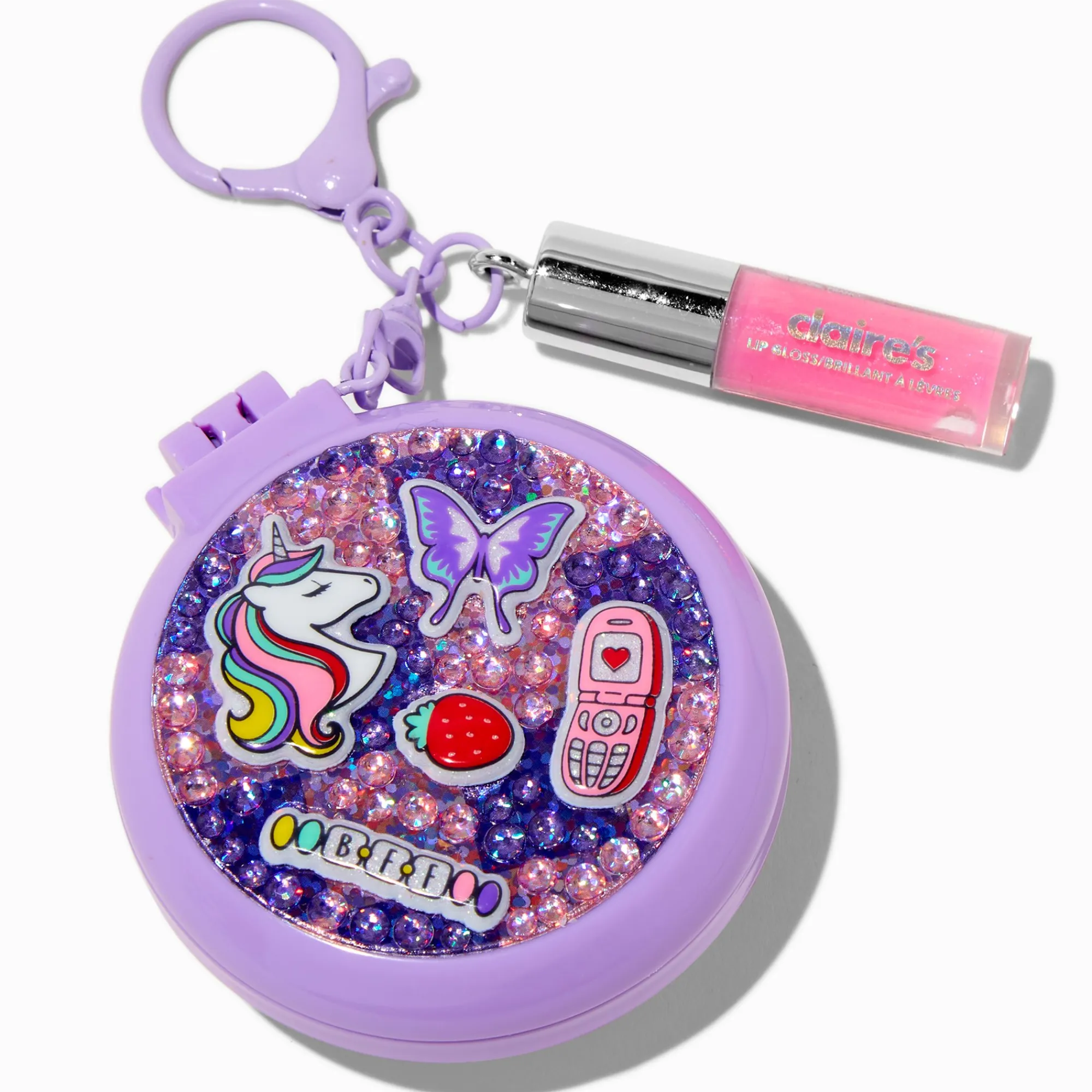 Claire's Lèvres|Porte-clés-Porte-clés gloss et brosse à cheveux licorne Y2K violet