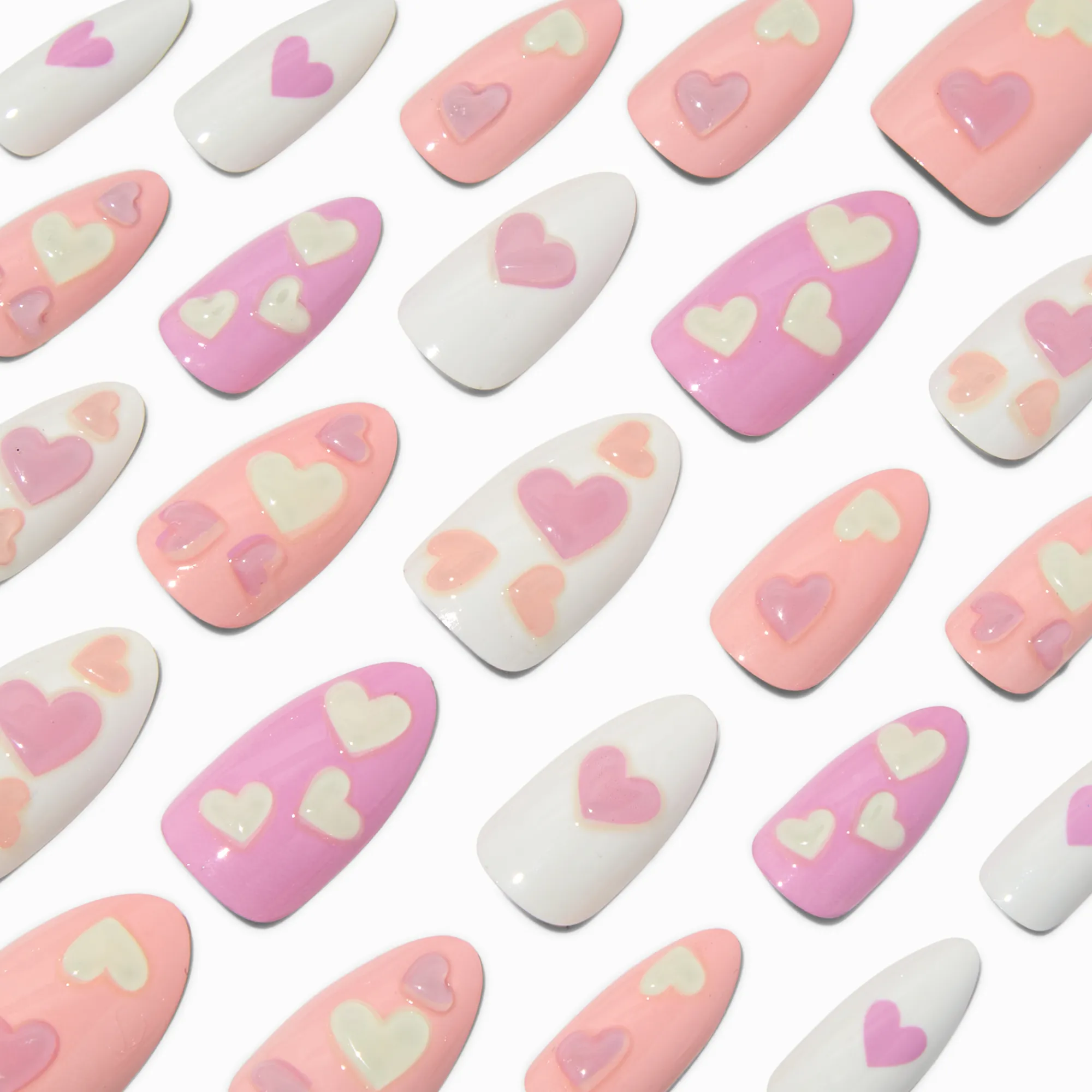 Claire's Ongles-Puffy Heart Long Almond Vegan Faux Nail Set - 24 Pack