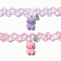 Claire's Clous D'oreilles|Colliers-Ras-de-cou effet tatouage avec chats pelucheux best friends - Lot de 2