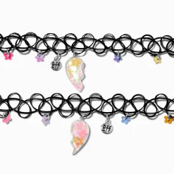 Claire's Colliers-Ras-de-cou effet tatouage à breloque fleur cœur fendu Best Friends - Lot de 2
