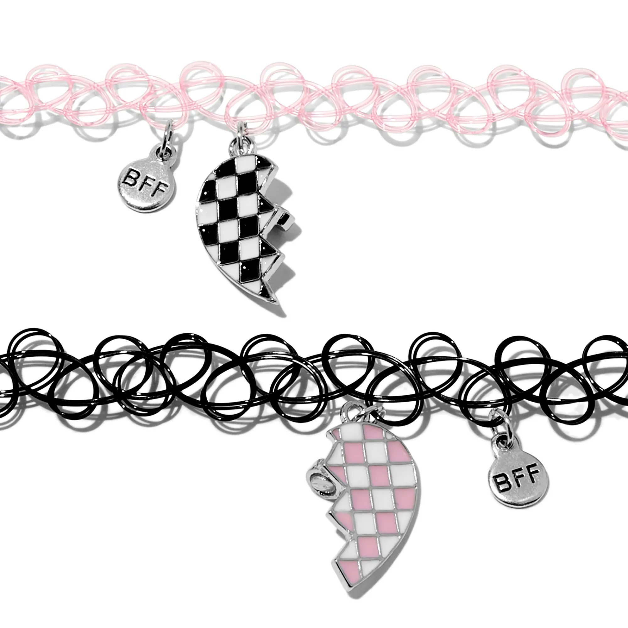 Claire's Colliers-Ras-de-cou effet tatouage cœur fendu rose et noir best friends - Lot de 2