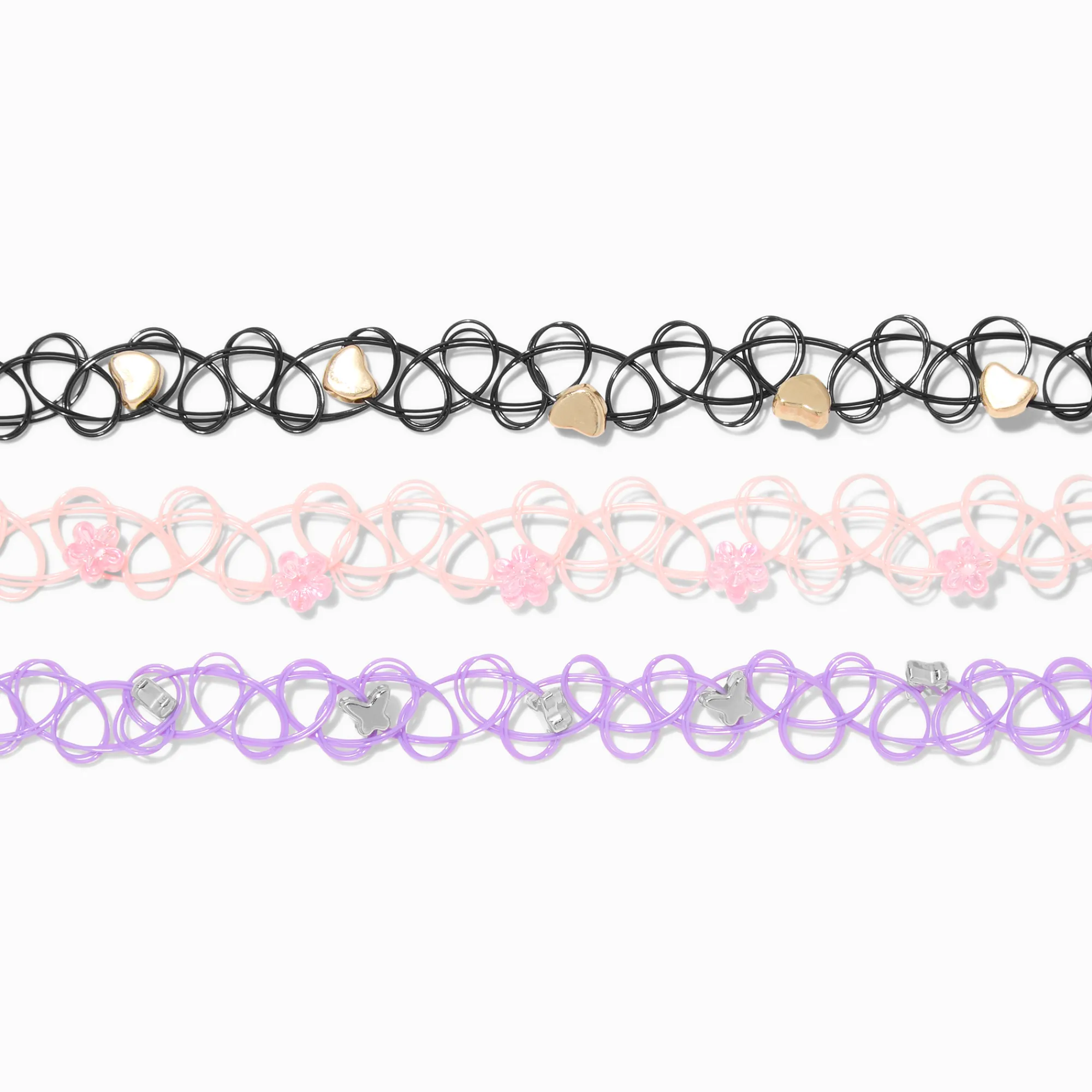 Claire's Colliers-Ras-de-cou effet tatouage perlé floral et cœur - Lot de 3