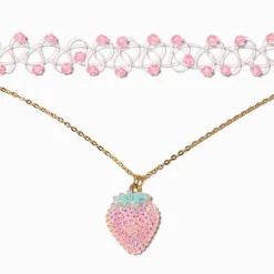 Claire's Colliers-Ras-de-cou pendentif strass fraise et ras-de-cou effet tatouage perlé strass rose - Lot de 2
