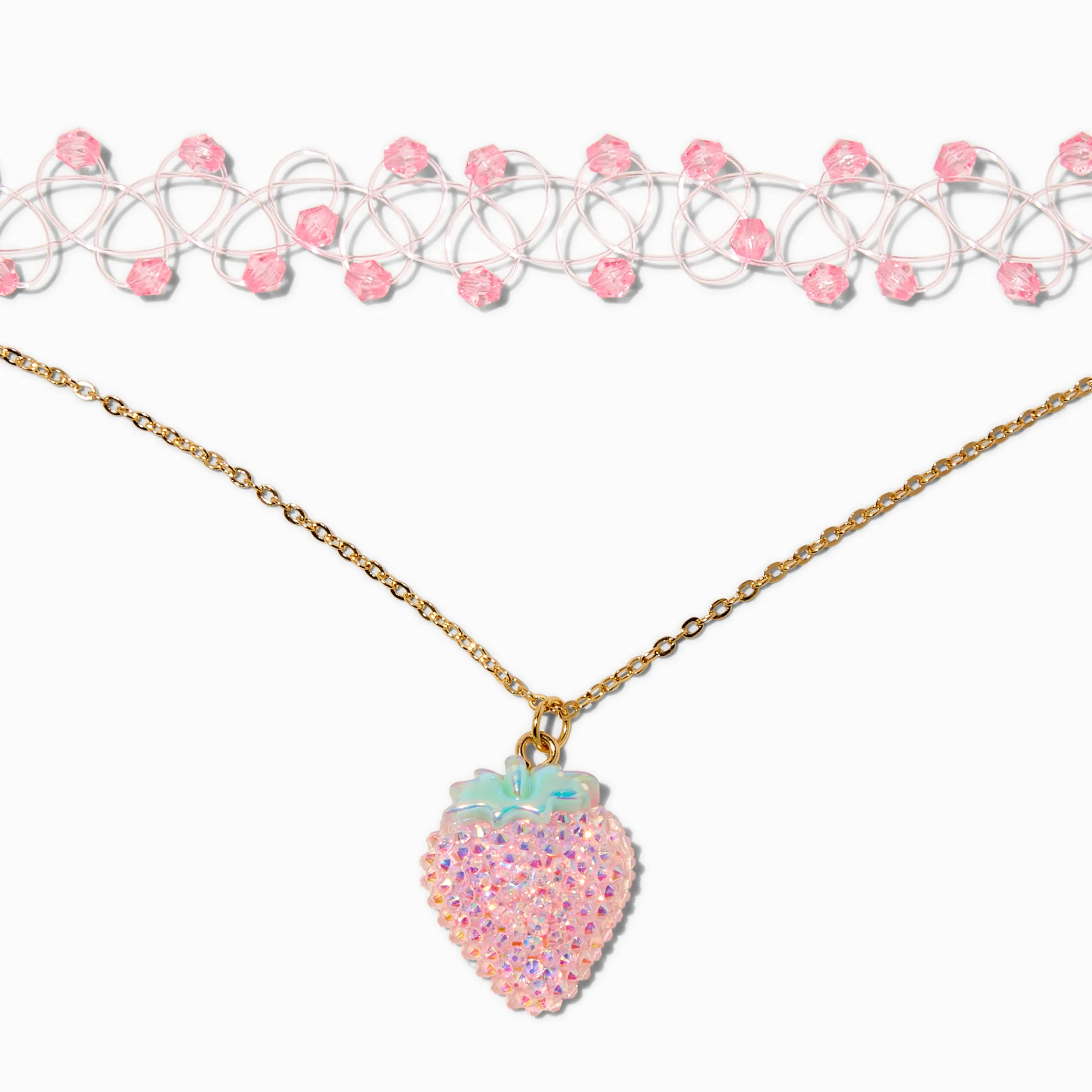 Claire's Colliers-Ras-de-cou pendentif strass fraise et ras-de-cou effet tatouage perlé strass rose - Lot de 2