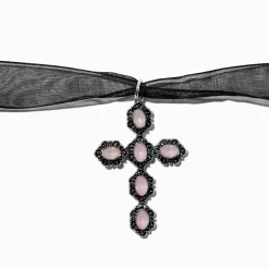 Claire's Colliers-Ras-de-cou ruban noir à pendentif croix en filigrane violet