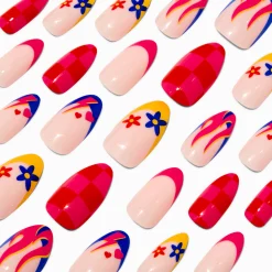 Claire's Ongles-Red Check & Floral Icon Stiletto Vegan Faux Nail Set - 24 Pack