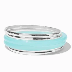 Claire's Bracelets-Silver-tone & Turquoise Resin Bangle Bracelets - 5 Pack