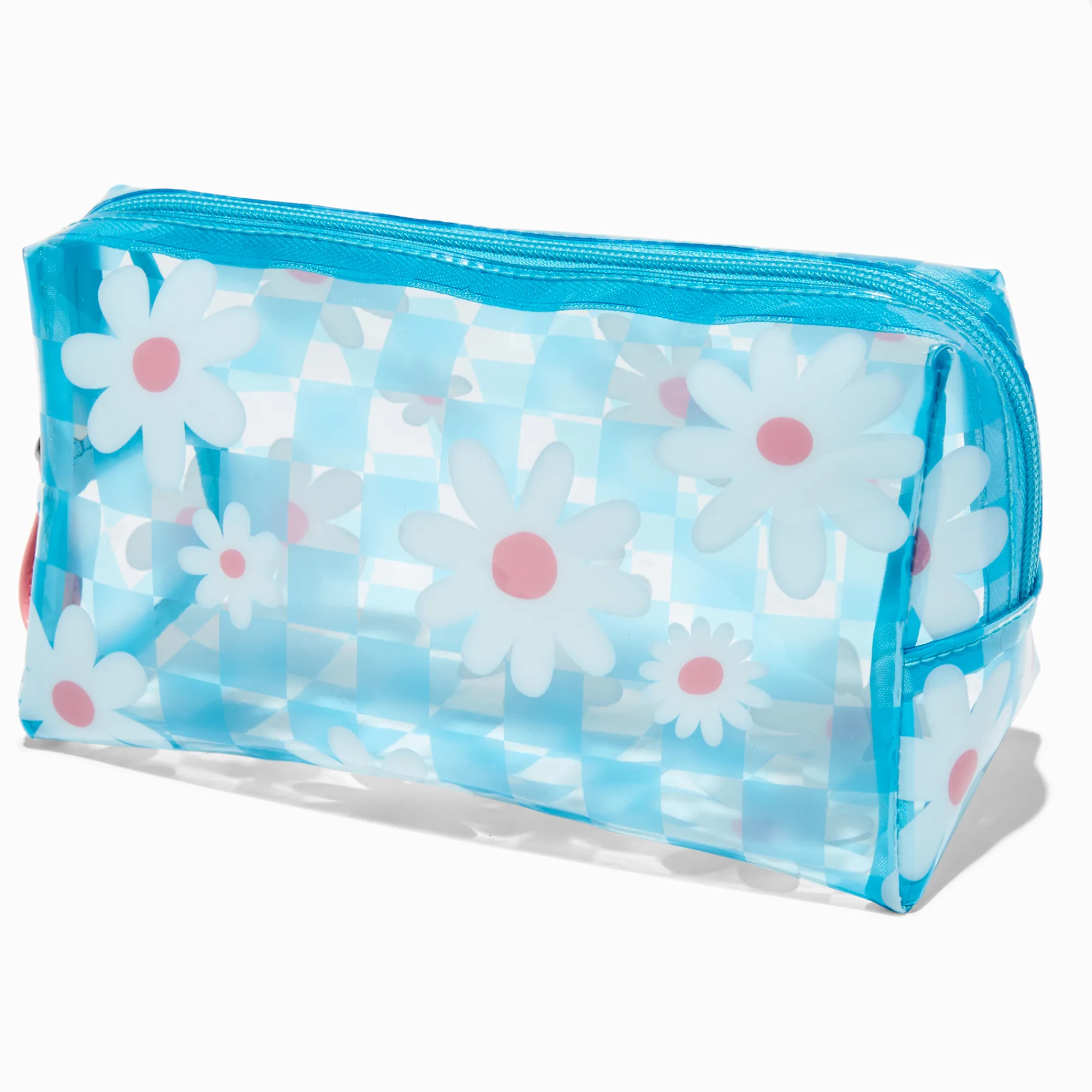 Claire's Trousses De Maquillage-Trousse de maquillage bleu à carreaux avec marguerites blanches